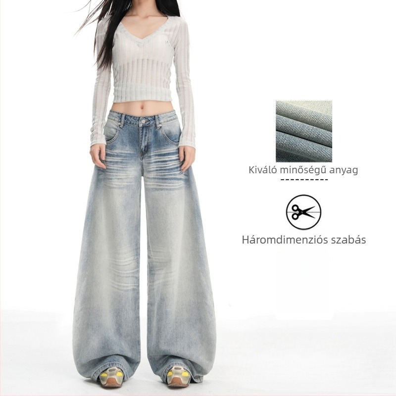 Női széles Lábú denim női nadrág, magas derék, lazán szabott, 2026 tavasz-nyár