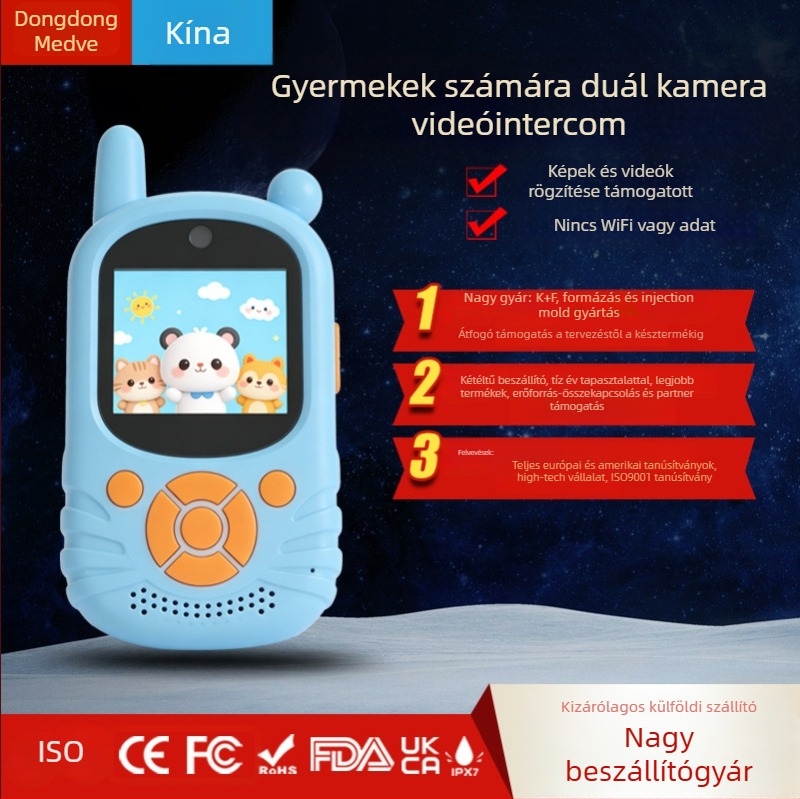 Gyerekeknek szóló kétkamerás HD videóintercom, hatótáv 1,5 km, RF 2W, 5 csatorna, lítium-akkumulátor