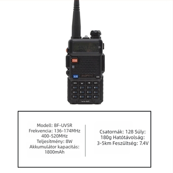 Baofeng BF-UV5R hordozható kétirányú rádió | 8W kimenő teljesítmény | 136–174/400–520 MHz | 128 csatorna | 5–10 km hatótáv | 1800 mAh akkumulátor