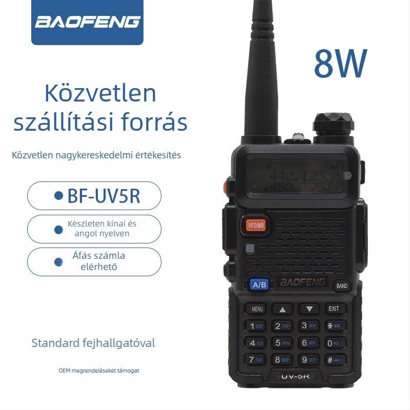 Baofeng BF-UV5R hordozható kétirányú rádió | 8W kimenő teljesítmény | 136–174/400–520 MHz | 128 csatorna | 5–10 km hatótáv | 1800 mAh akkumulátor