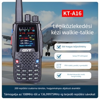QYT KT-A16 kézibeszélő rádió repüléshez — frekvenciasáv 118–136.9975 MHz, 200 csatorna, 6 W kimenet, 5–10 km hatótáv, kijelzővel