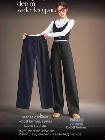Five White Geese női őszi-téli magas derékú kötött denim széles nadrág, jacquard csillagos ég motívummal, modell 2591