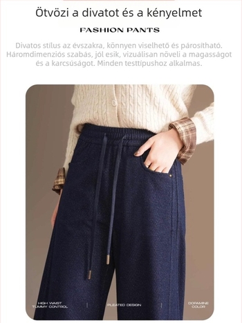 Five White Geese női őszi-téli magas derékú kötött denim széles nadrág, jacquard csillagos ég motívummal, modell 2591