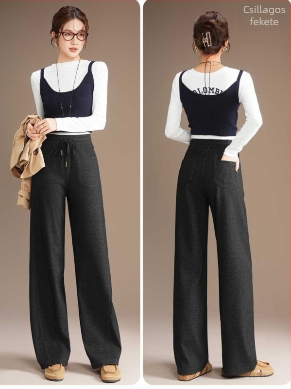 Five White Geese női őszi-téli magas derékú kötött denim széles nadrág, jacquard csillagos ég motívummal, modell 2591