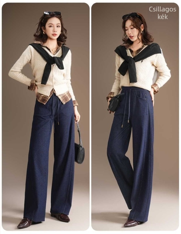 Five White Geese női őszi-téli magas derékú kötött denim széles nadrág, jacquard csillagos ég motívummal, modell 2591