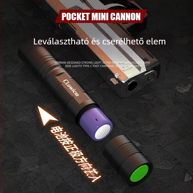 Hordozható újratölthető zseblámpa, alumíniumötvözet test, 2600mAh akkumulátor, 15W, kézi töltés, 100–200m hatótávolság