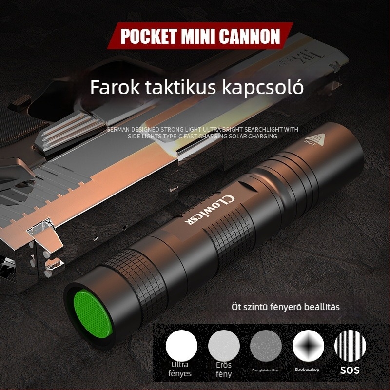 Hordozható újratölthető zseblámpa, alumíniumötvözet test, 2600mAh akkumulátor, 15W, kézi töltés, 100–200m hatótávolság