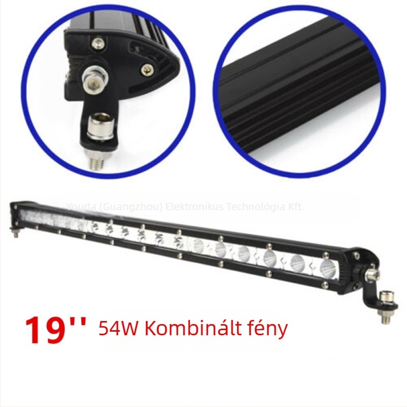 Autó LED-szalag világítás – alumíniumötvözet ház, bemenet 9–60V, teljesítmény 18–72W, fényáram 1100–3500 lm, élettartam 20000 h, egysoros munkafény