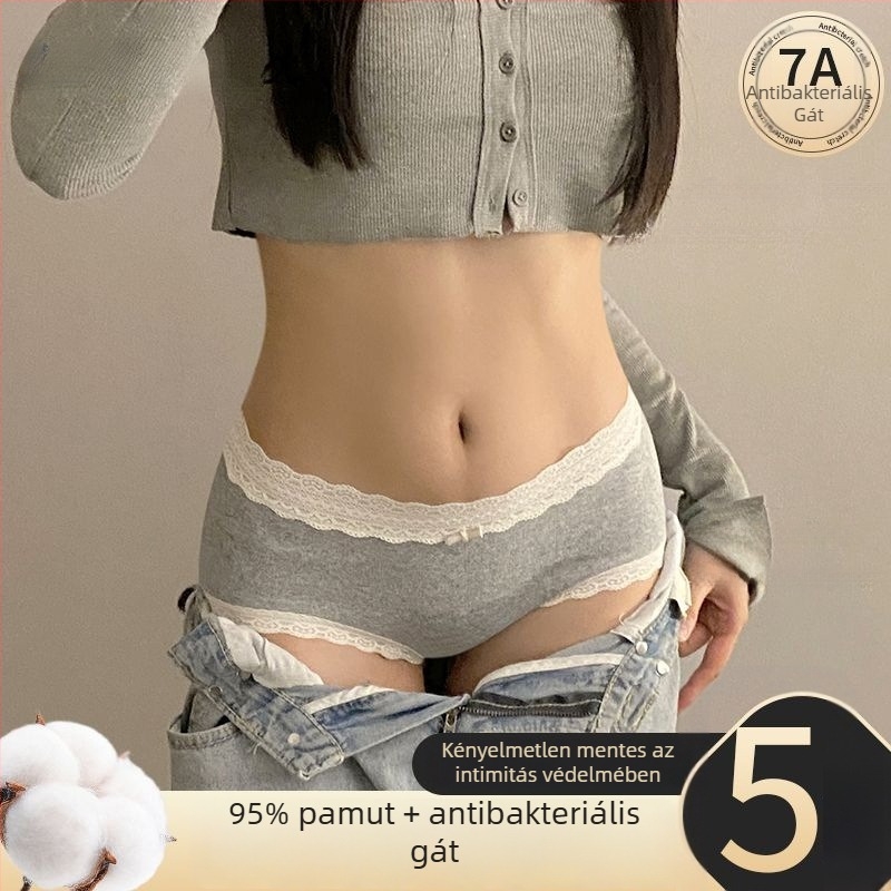 Női pamut alsónemű, antibakteriális, lélegző, középmagasságú derék, csipés szegély és masnival