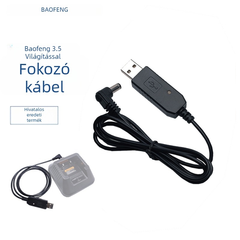 Baofeng UV5R USB töltőkábel, 3,5 mm csatlakozó, csúszásmentes felület, elem nélkül, elméleti hatótáv 1,5–3 km