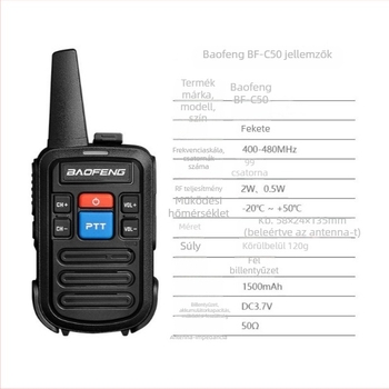 Baofeng BF-C50 Walkie-Talkie – Kültéri nagy teljesítményű interkom, 1,5–3 km hatótáv, Li-ion akkumulátor 1500 mAh, leesésálló