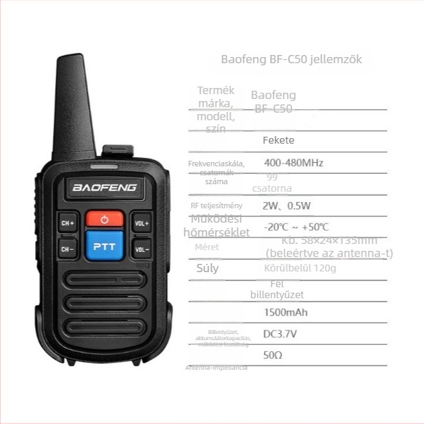 Baofeng BF-C50 Walkie-Talkie – Kültéri nagy teljesítményű interkom, 1,5–3 km hatótáv, Li-ion akkumulátor 1500 mAh, leesésálló
