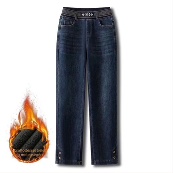 Nadrág, magas derék, egyenes szabás, denim pamut, vastag szövet