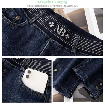 Nadrág, magas derék, egyenes szabás, denim pamut, vastag szövet