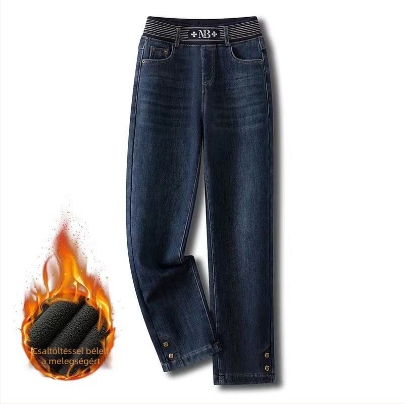 Nadrág, magas derék, egyenes szabás, denim pamut, vastag szövet