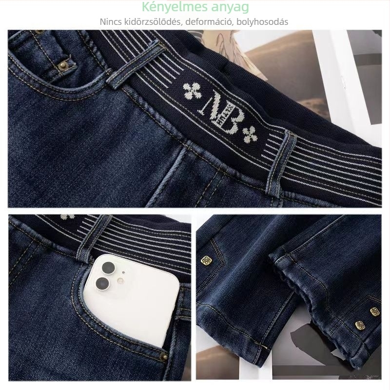 Nadrág, magas derék, egyenes szabás, denim pamut, vastag szövet