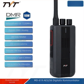 DMR digitális kézi rádió AES-256 titkosítással, 10W kimeneti teljesítmény, 256 csatorna, VHF/UHF frekvenciatartomány