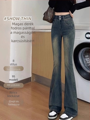 Magas derekú trapéz denim nadrág, 50-70% pamut és 30-50% poliészter, micro-elasztikus, fleece bélés, vastag, tél 2025