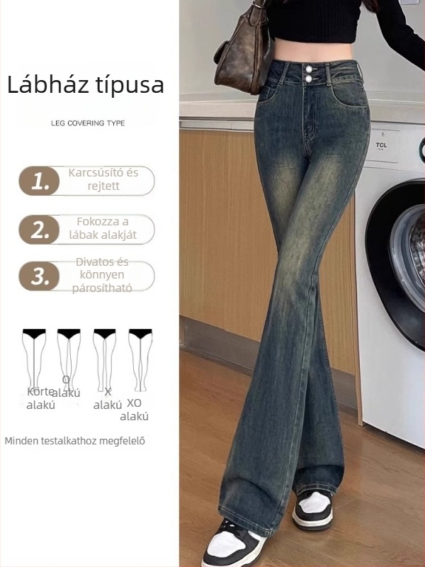 Magas derekú trapéz denim nadrág, 50-70% pamut és 30-50% poliészter, micro-elasztikus, fleece bélés, vastag, tél 2025