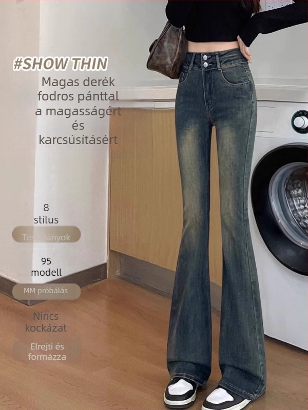 Magas derekú trapéz denim nadrág, 50-70% pamut és 30-50% poliészter, micro-elasztikus, fleece bélés, vastag, tél 2025