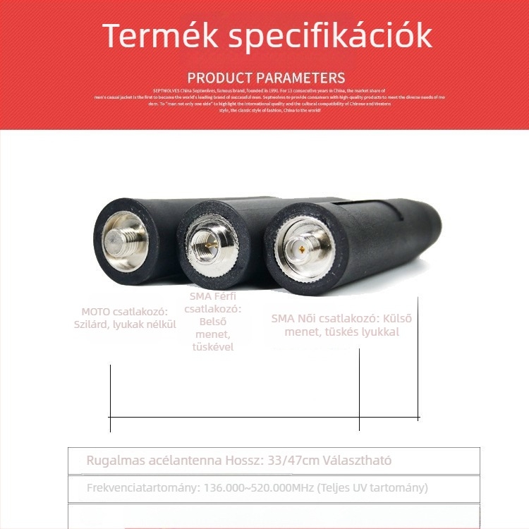 Baofeng összecsukható antenna rádióhoz, anti-interferencia, frekvenciasáv 136-520, hatótáv kevesebb mint 1,5 km, impedancia 50, nyereség 3,5, elem nélkül