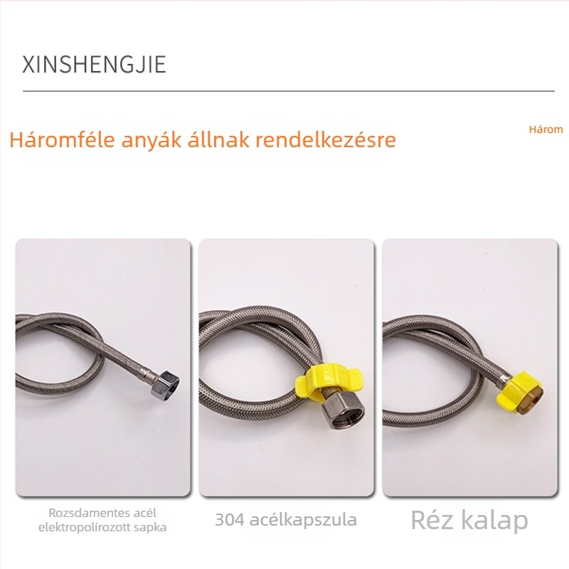 Rozsdamentes acél hálózott rugalmas cső, menetes csatlakozású, hideg és meleg vízhez, modell: Rozsdamentes acél hálós rugalmas cső, működési hőmérséklet -20-120 °C