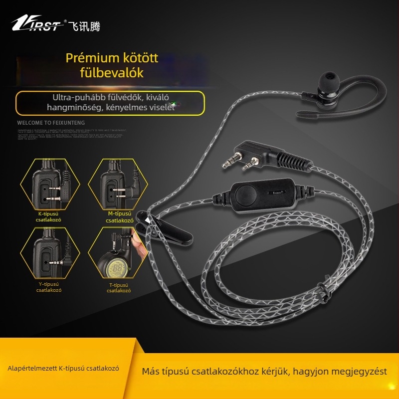 FeiXunteng audio headset PTT-vel, fülre akasztó, in-ear kialakítás, zajcsökkentés, akkumulátor nélkül, K-típusú rádióhoz, hatótáv 1,5–3 km