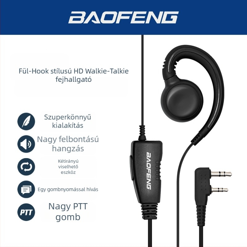 Walkie-Talkie headset PU puha fülcsipeszével, zaj elleni védelem, hatótáv 5–10 km, RF kimenő teljesítmény 3 W, impedancia 5 Ω