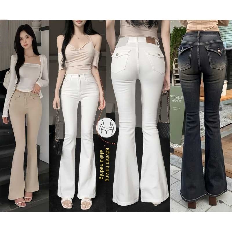 Denim farmernadrág, magas derekú, széles szárú, rugalmas, elegáns ingázó stílus