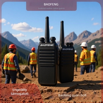 BF-E50 professzionális walkie talkie építkezésekhez, 16 csatorna, hatótáv 1.5–3 km, teljesítmény ≤5 W, Li-ion 1500 mAh