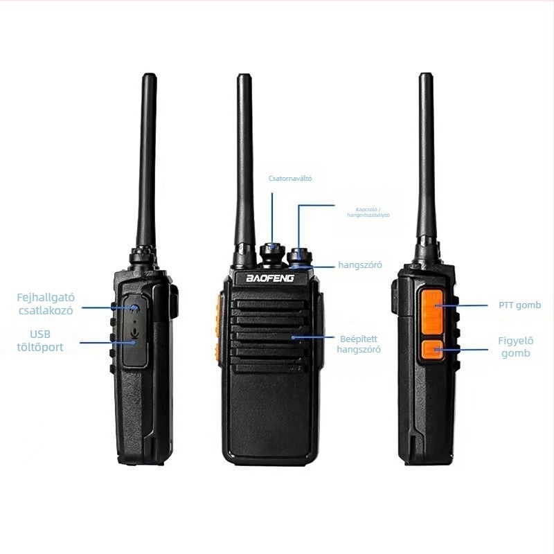 BF-E50 professzionális walkie talkie építkezésekhez, 16 csatorna, hatótáv 1.5–3 km, teljesítmény ≤5 W, Li-ion 1500 mAh