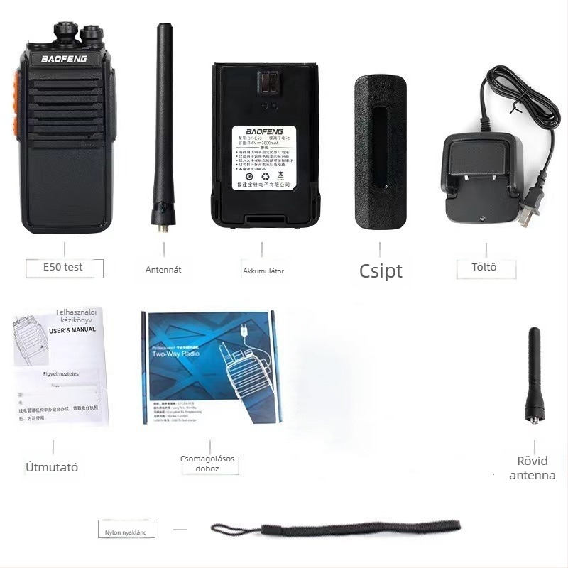 BF-E50 professzionális walkie talkie építkezésekhez, 16 csatorna, hatótáv 1.5–3 km, teljesítmény ≤5 W, Li-ion 1500 mAh