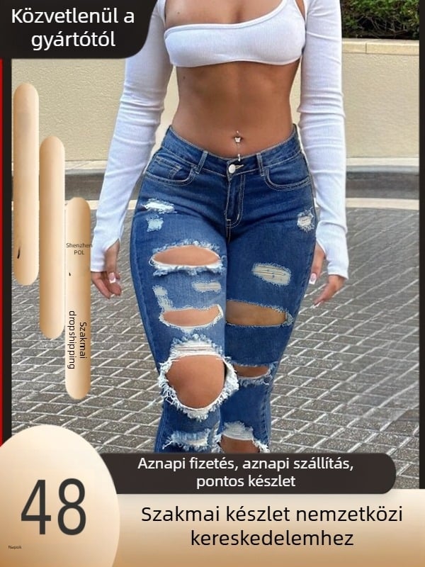 Női farmernadrágok, magas rugalmasságú, középmagas derekú, bokáig érő, kopott szegéllyel, pamut-poliészter keverék