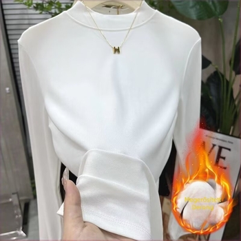 Női fleece-alapú felső, hosszú ujjú, egyszínű poliészter, fél magas gallér, egyenes szabás, meleg őszi-téli