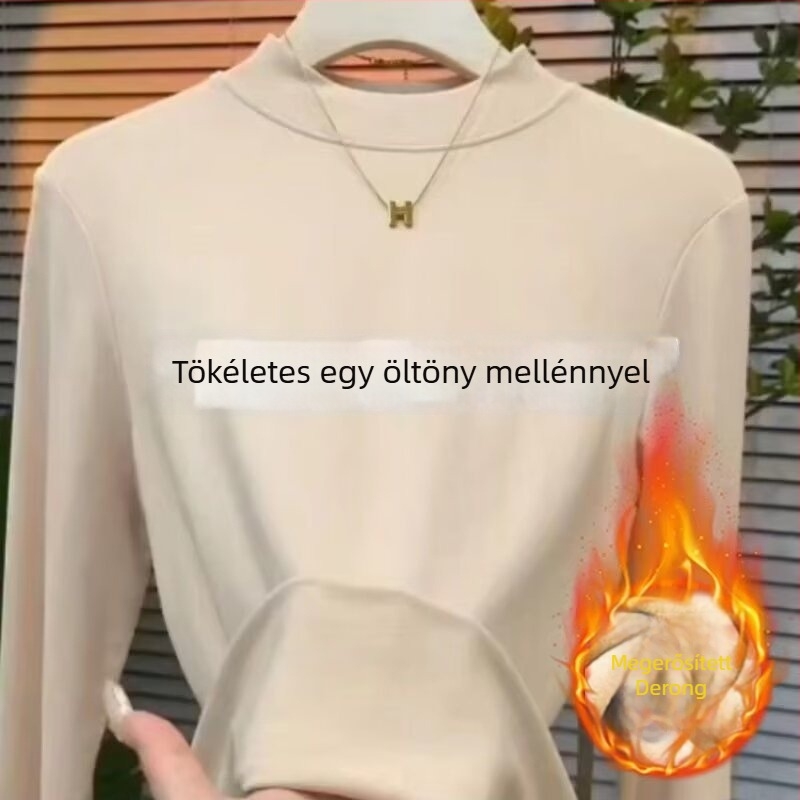 Női fleece-alapú felső, hosszú ujjú, egyszínű poliészter, fél magas gallér, egyenes szabás, meleg őszi-téli