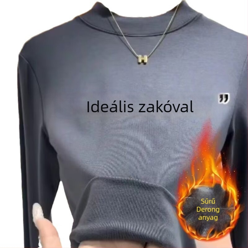 Női fleece-alapú felső, hosszú ujjú, egyszínű poliészter, fél magas gallér, egyenes szabás, meleg őszi-téli