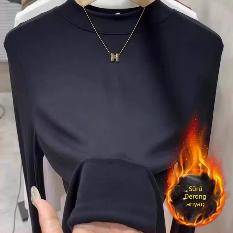 Női fleece-alapú felső, hosszú ujjú, egyszínű poliészter, fél magas gallér, egyenes szabás, meleg őszi-téli