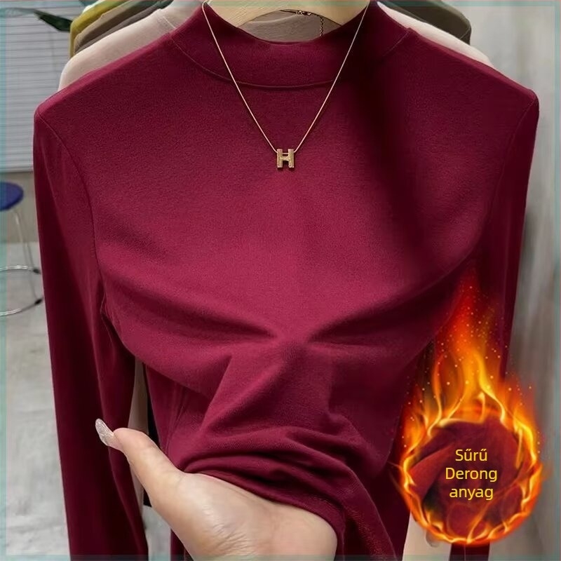 Női fleece-alapú felső, hosszú ujjú, egyszínű poliészter, fél magas gallér, egyenes szabás, meleg őszi-téli