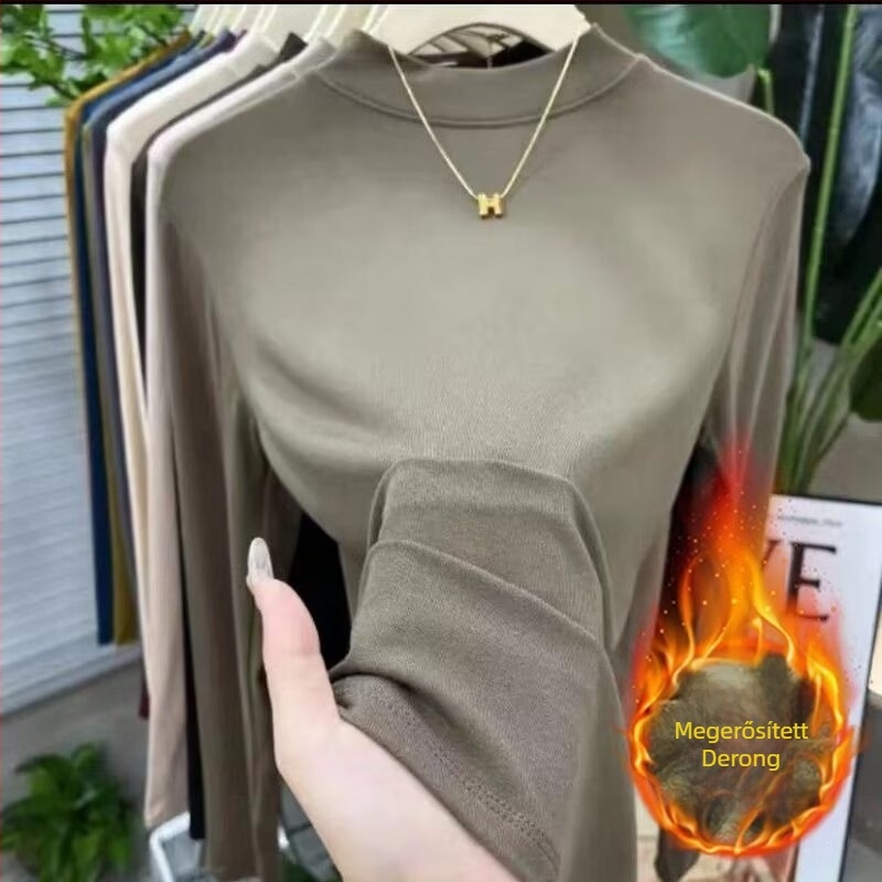 Női fleece-alapú felső, hosszú ujjú, egyszínű poliészter, fél magas gallér, egyenes szabás, meleg őszi-téli