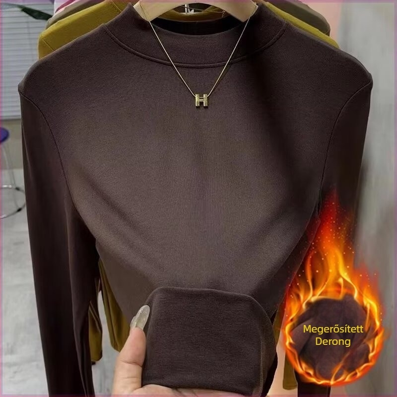 Női fleece-alapú felső, hosszú ujjú, egyszínű poliészter, fél magas gallér, egyenes szabás, meleg őszi-téli