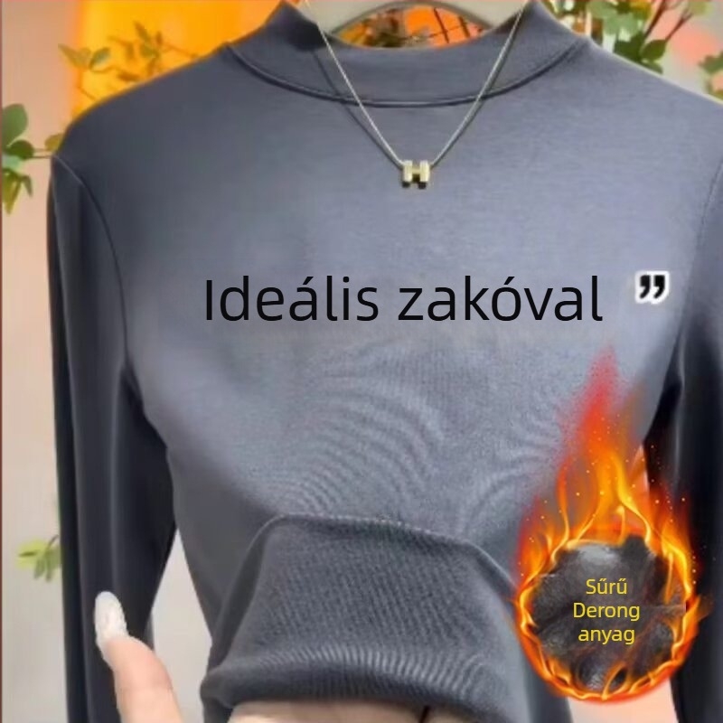 Női fleece-alapú felső, hosszú ujjú, egyszínű poliészter, fél magas gallér, egyenes szabás, meleg őszi-téli