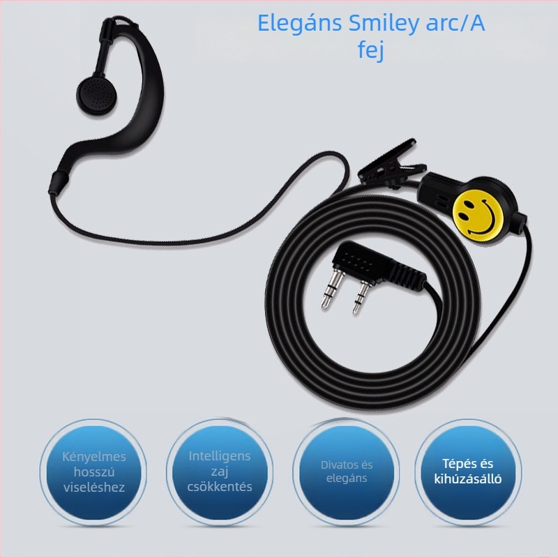 Intercom fülhallgató mosolyogó arccal — modell Smiley face headphones, hatótávolság 5–10 km, 100 cm kábel, csúszásgátló funkció, SIM-kártya nélküli