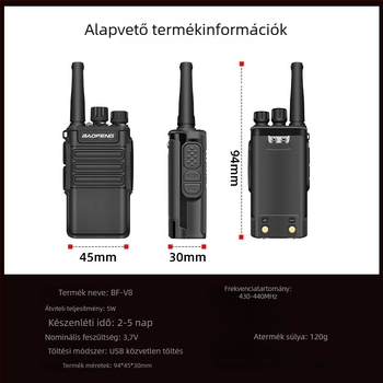 Baofeng BF-V8 mini hordozható rádió, magas teljesítmény, 400-470 MHz, 5W, 16 csatorna, 5800 mAh, vízálló