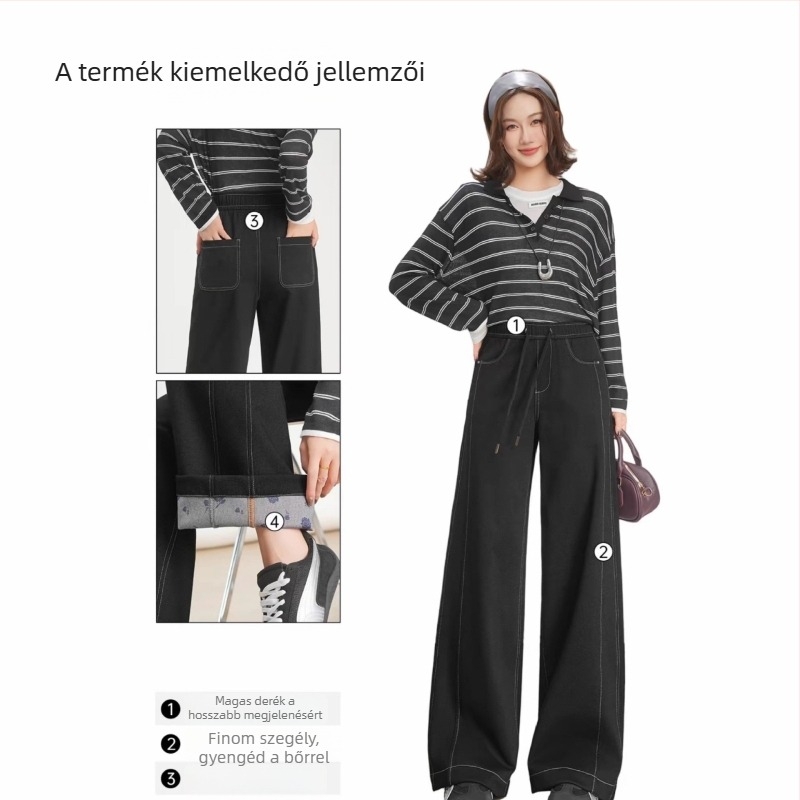 Nadrágok - Széles szárú kötött denim, középmagas derék, mikroelasztikusság, őszi 2025