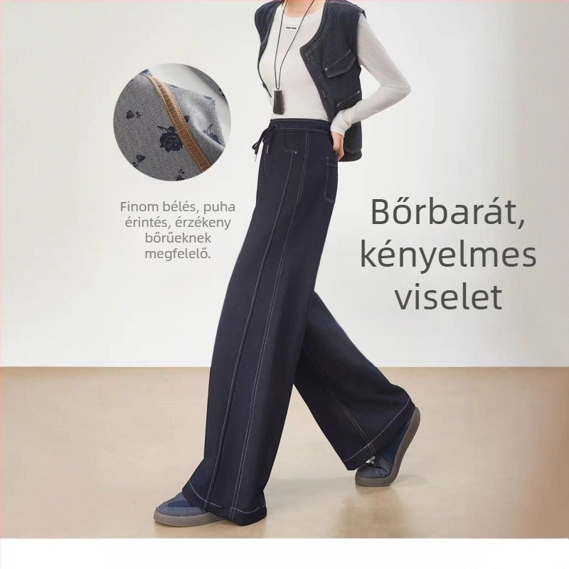 Nadrágok - Széles szárú kötött denim, középmagas derék, mikroelasztikusság, őszi 2025