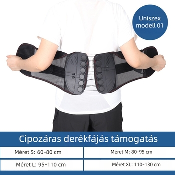 Lágyéktámasztó öv légáteresztő hálóval, műanyag szerkezettel és Velcro-zárással korrigáló rögzítéshez
