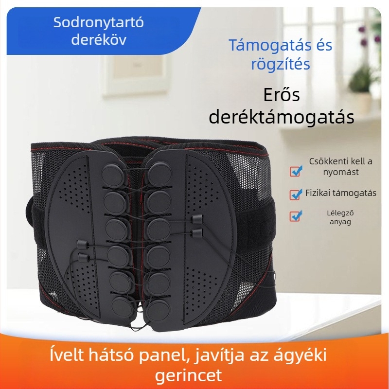 Lágyéktámasztó öv légáteresztő hálóval, műanyag szerkezettel és Velcro-zárással korrigáló rögzítéshez
