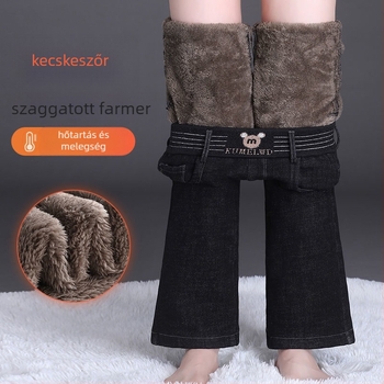 Női magas derekú farmernadrág fleece-béléssel, vastag téli modell, mikro-flare szabású 2023