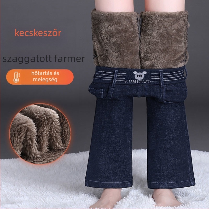 Női magas derekú farmernadrág fleece-béléssel, vastag téli modell, mikro-flare szabású 2023