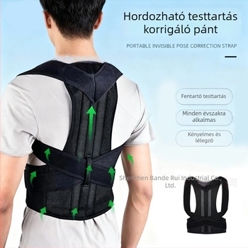 Testtartás-korrekciós öv hátsó támasz és mellkas igazítása; támogatja a helyes ülő pózt; anyagok: szendvics hálóanyag, velúr, rozsdamentes acéllemez, tépőzár; Modell 11